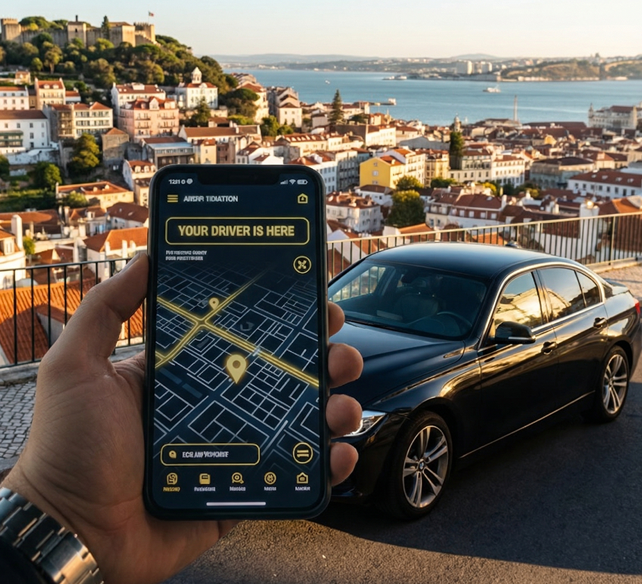 Aplicação HUB Transfer com vista de Lisboa